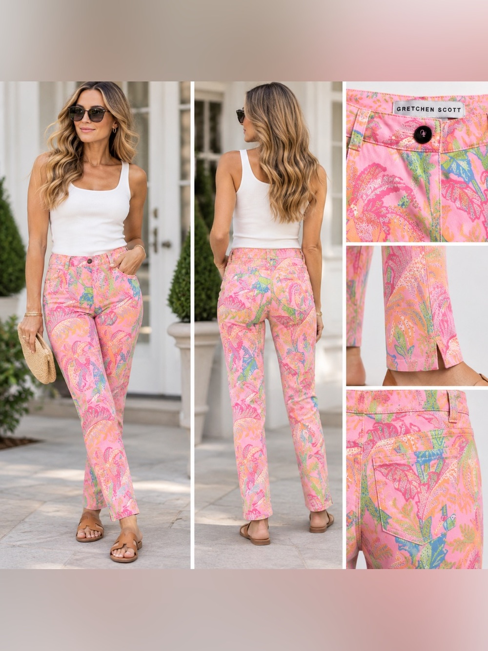 Gretchen Scott Pink Floral Print Pants Women’s M Stretch Straight Leg Tropical